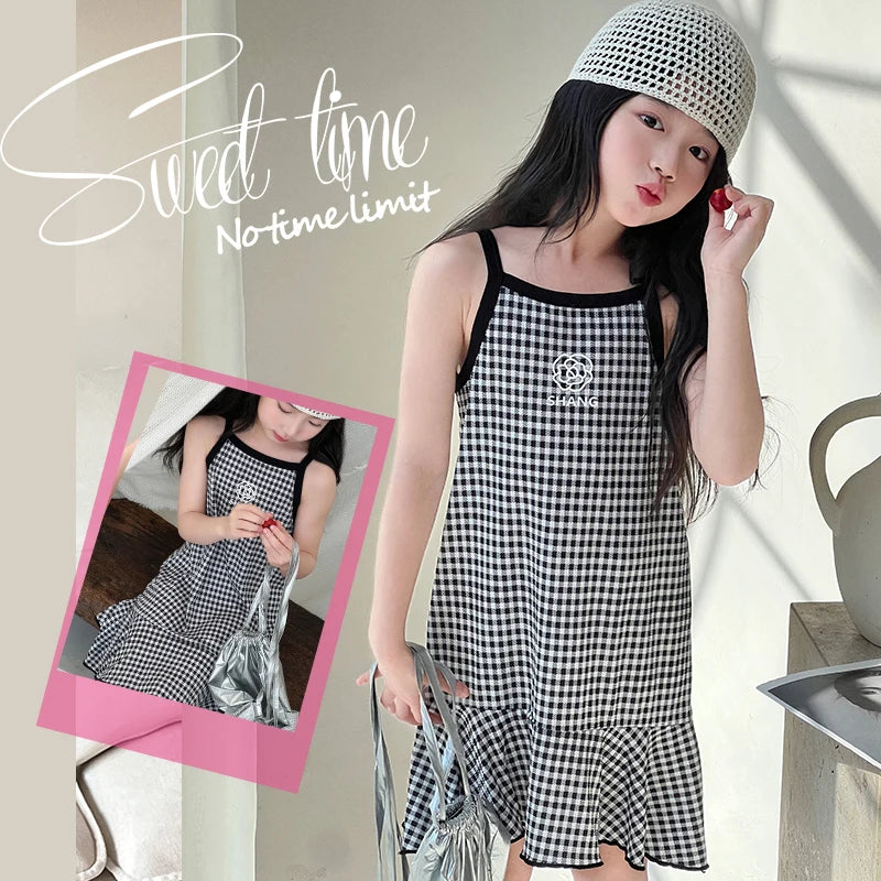 Girls Cotton Flower Dot Plaid Dress
