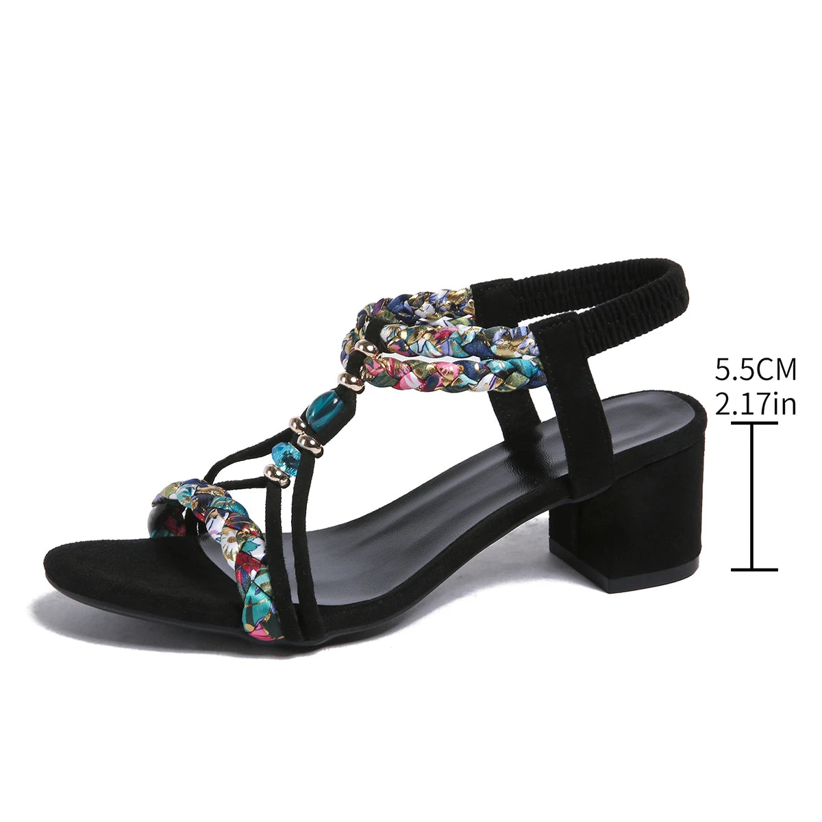 Plus Size Bohemian Beaded Thick High Heels Elastic Strap Gladiator Sandals