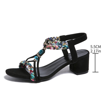 Plus Size Bohemian Beaded Thick High Heels Elastic Strap Gladiator Sandals