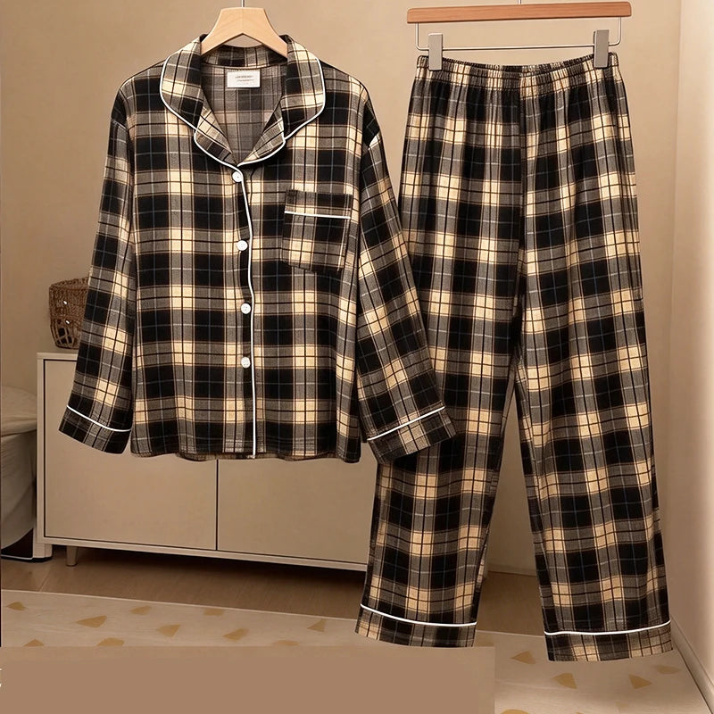 Japanese Casual Thin Style Plaid Lapel Cardigan Pajama Sets