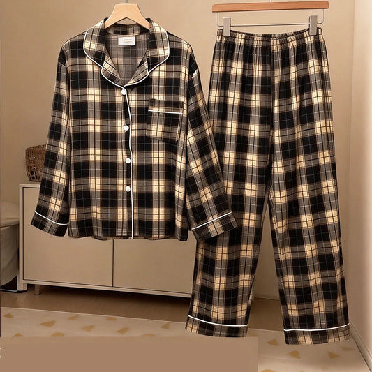 Japanese Casual Thin Style Plaid Lapel Cardigan Pajama Sets