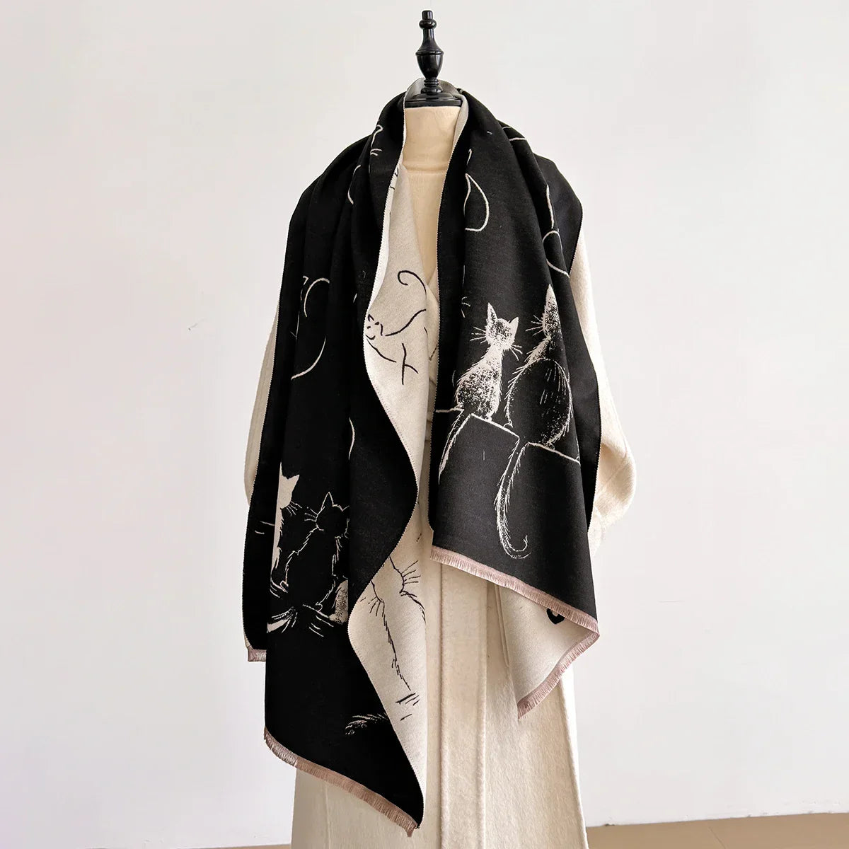 Luxury Winter Cashmere Little Cat Print Scarf