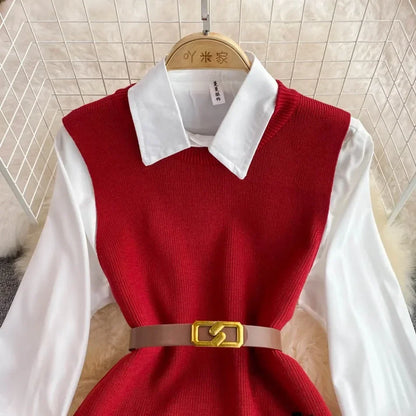 Chic Age-Reducing Long Sleeve White Shirt Sweater Loose Fit Knit Vest Pullover Set