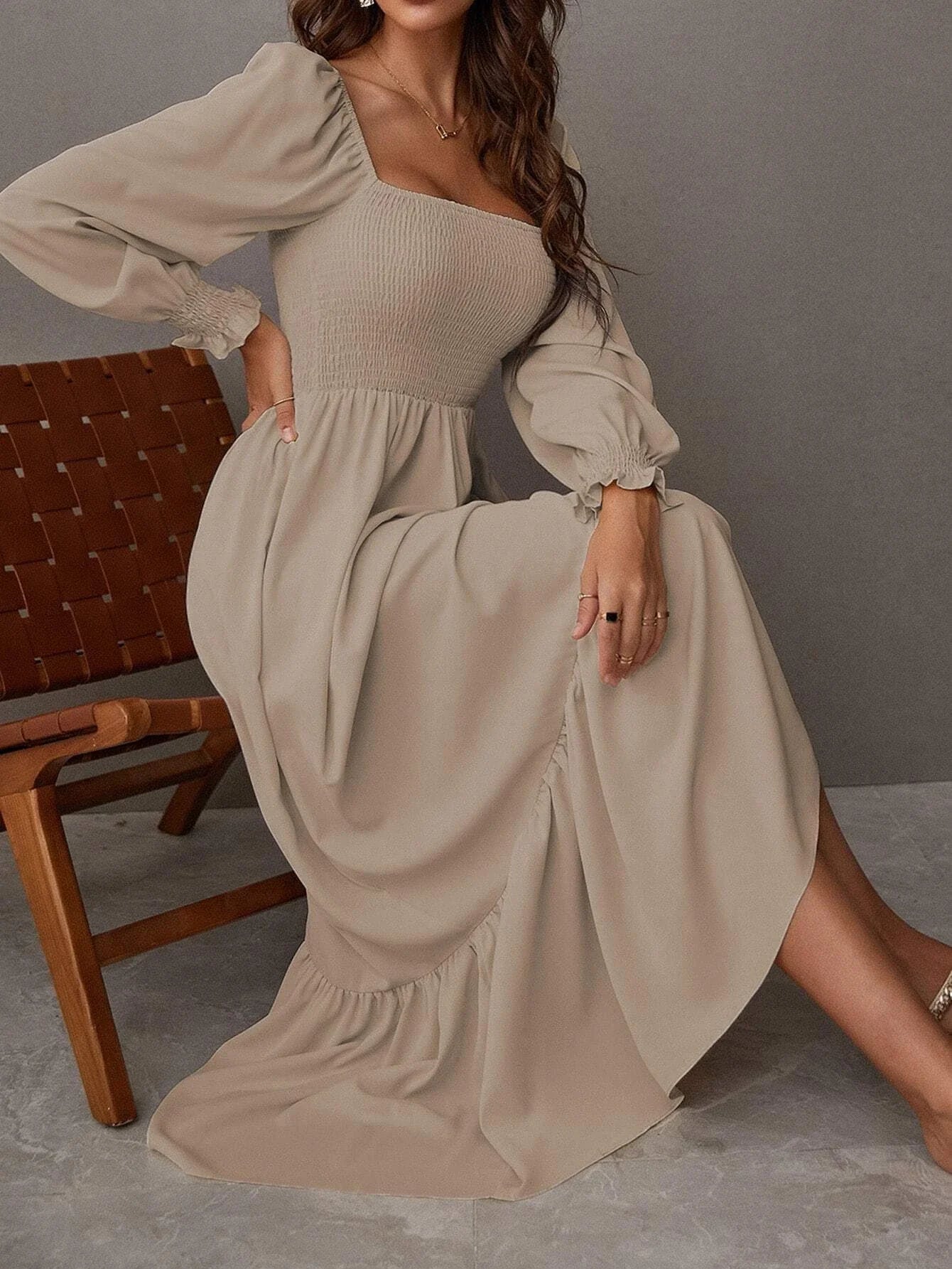 Ruched Ruffle Hem Elegant Shirred Backless Long Dress