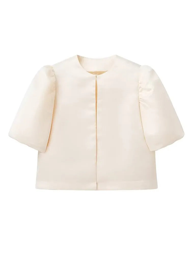 Satin Bubble Sleeves Round Neck Loose Shirt
