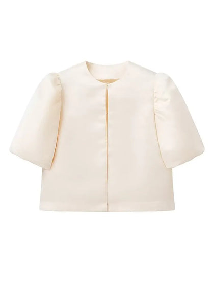 Satin Bubble Sleeves Round Neck Loose Shirt