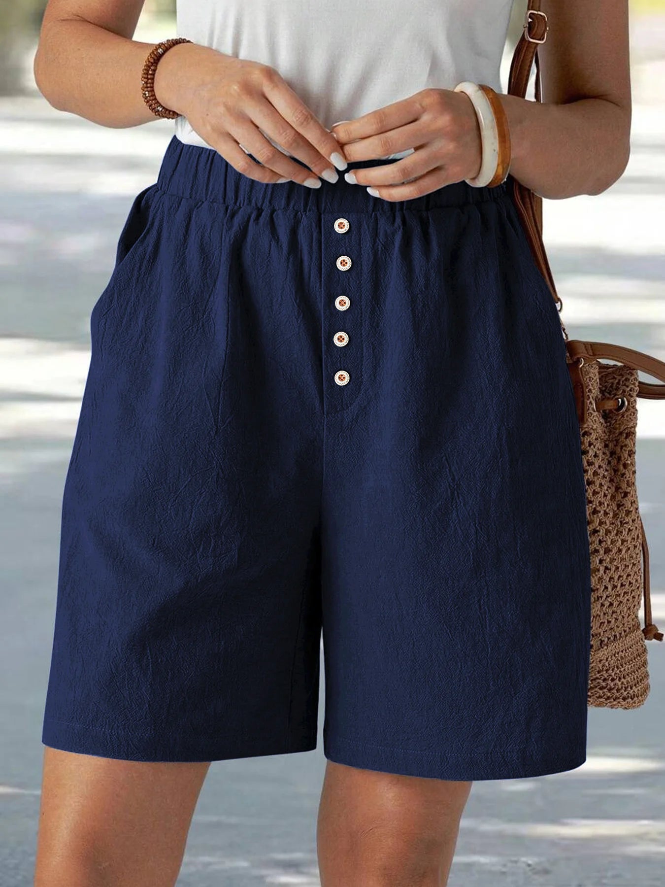 Summer Casual Loose Pocket Buttoned Linen Shorts