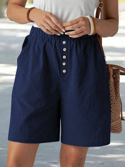 Summer Casual Loose Pocket Buttoned Linen Shorts