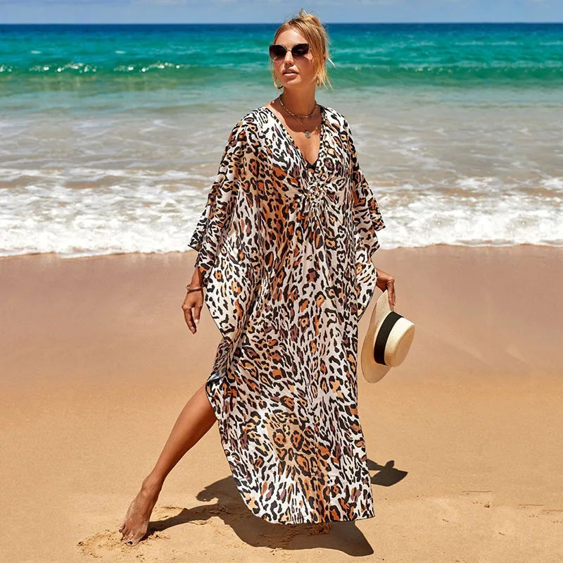 Plus Size Animal Print V-Neck Batwing Kaftan Beach Dress