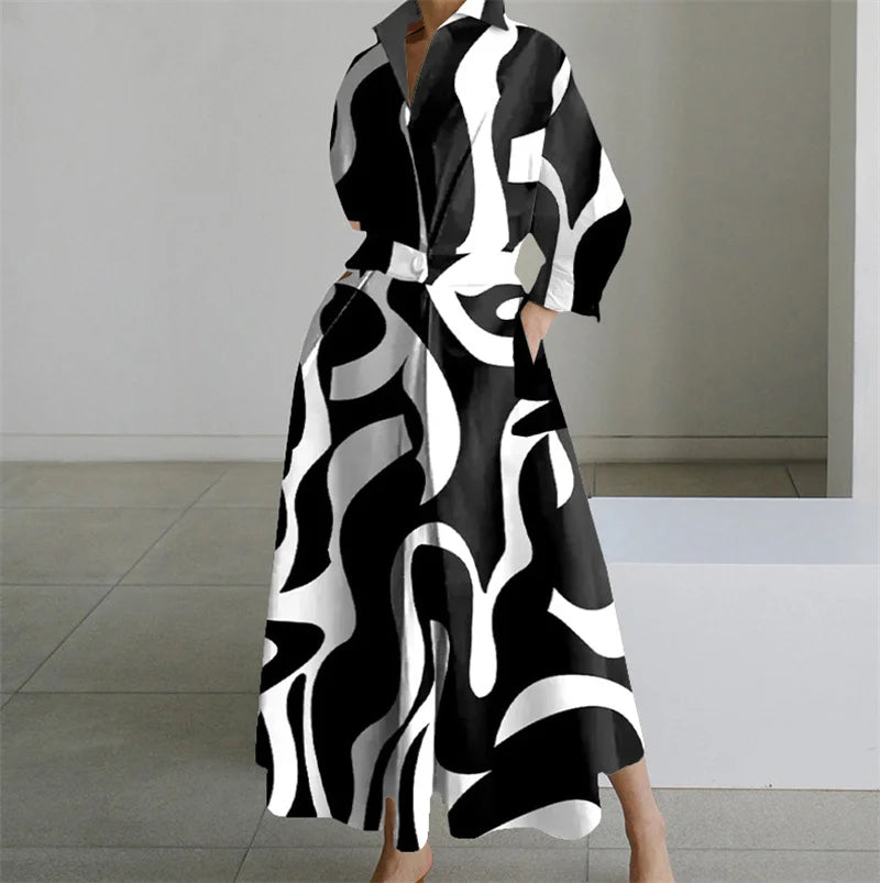 Plus Size Lapel Oil Painting Button Shirt Dress