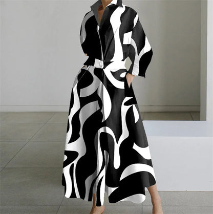 Plus Size Lapel Oil Painting Button Shirt Dress
