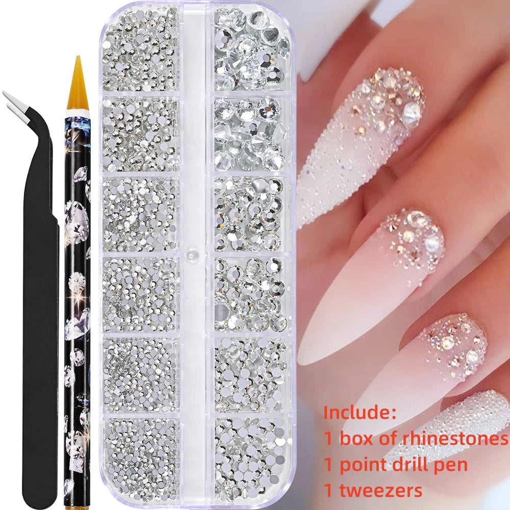 12Gird 3D Glass AB Crystal Nail Art Rhinestones Kit