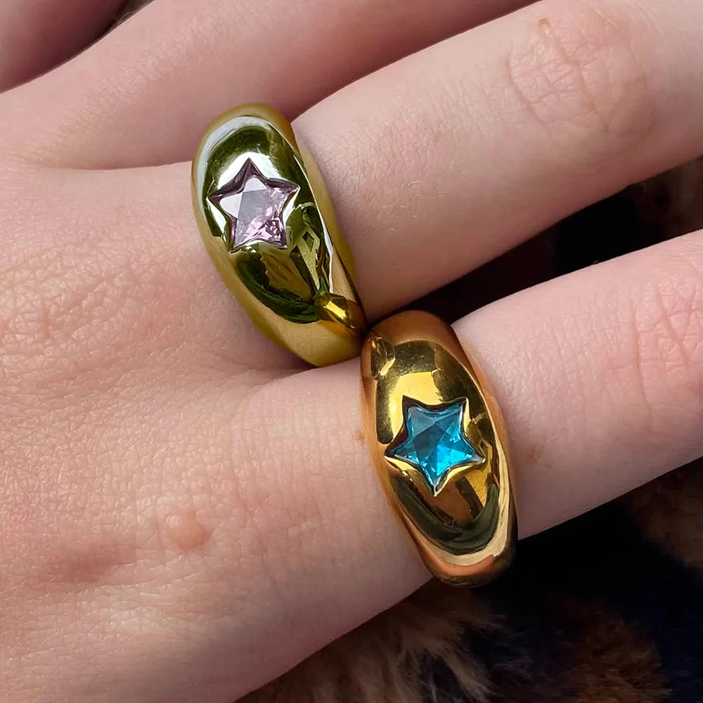 Waterproof 18K Gold Chubby Star Sleek Stainless Steel Pink Zircon Dome Finger Ring