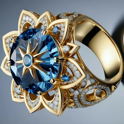 Luxury Blue Zircon Big Stone Round Sun Flower Vintage Gold Ring