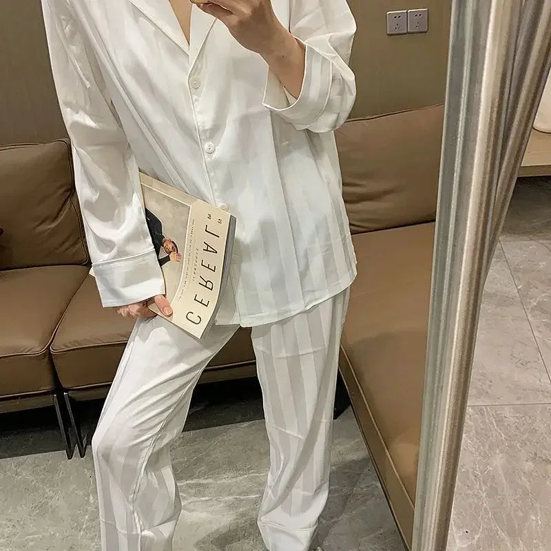 Plus Size Stripes Casual Sweet Loungewear Cardigan Sleepwear Pajama Sets