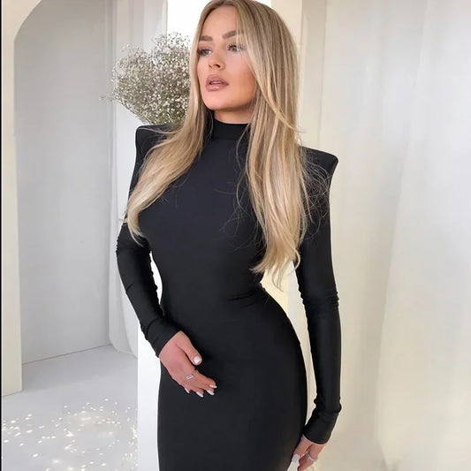 Shoulder Padded Long Sleeve Maxi Long Dress