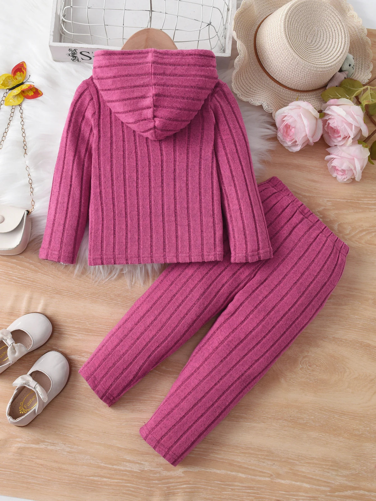 Girls' Casual Ribbed Long-Sleeved Hoodie And Trousers Set