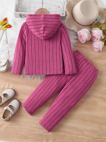 Girls' Casual Ribbed Long-Sleeved Hoodie And Trousers Set