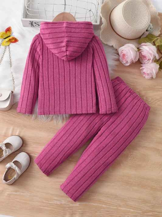 Girls' Casual Ribbed Long-Sleeved Hoodie And Trousers Set