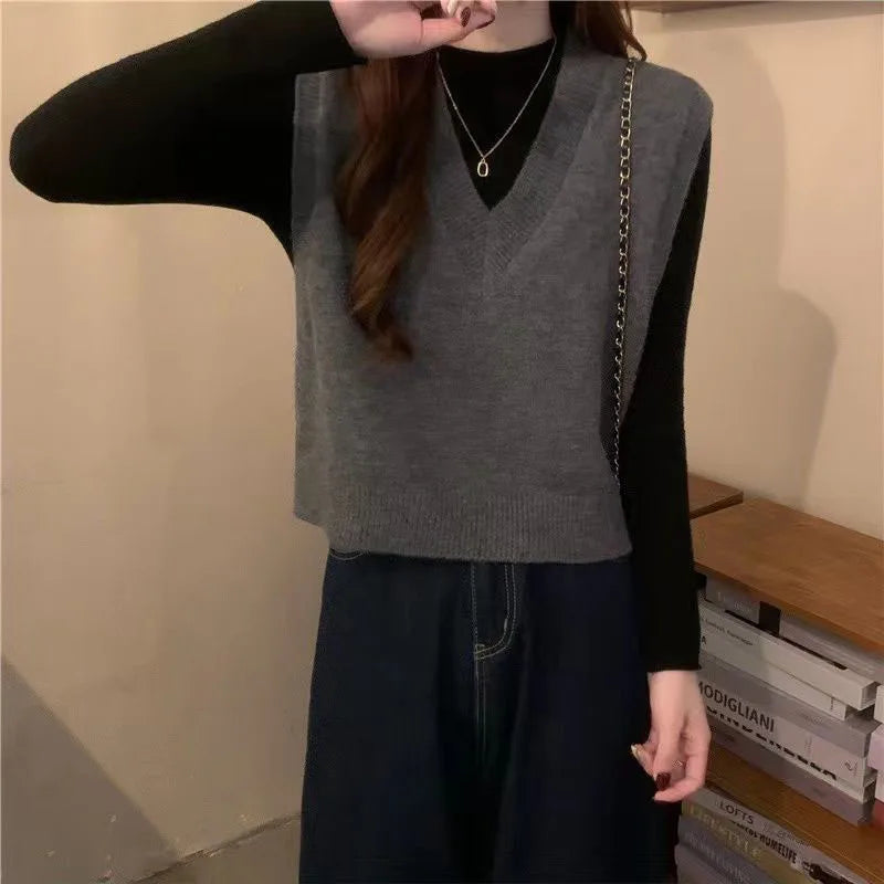 V-neck Knitted Vest Vintage Sleeveless Sweater Waistcoat Korean Chic