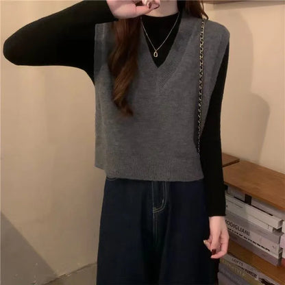 V-neck Knitted Vest Vintage Sleeveless Sweater Waistcoat Korean Chic