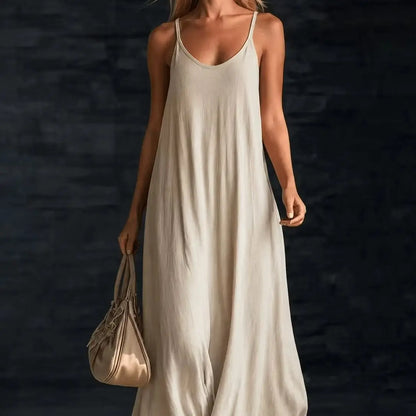 Loose Stain A-Line Long Dress with Thin Straps