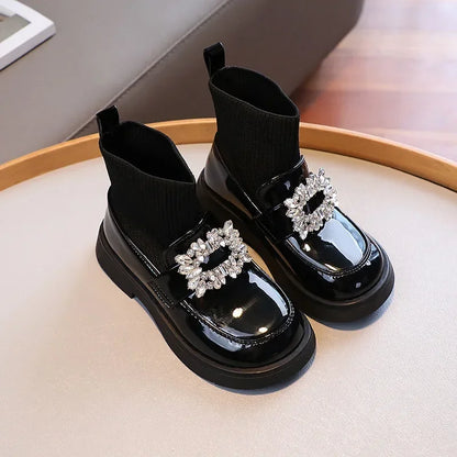 Short Crystal Cute Sewing Thread Thick Bottom Soft Sole Leather Shoes
