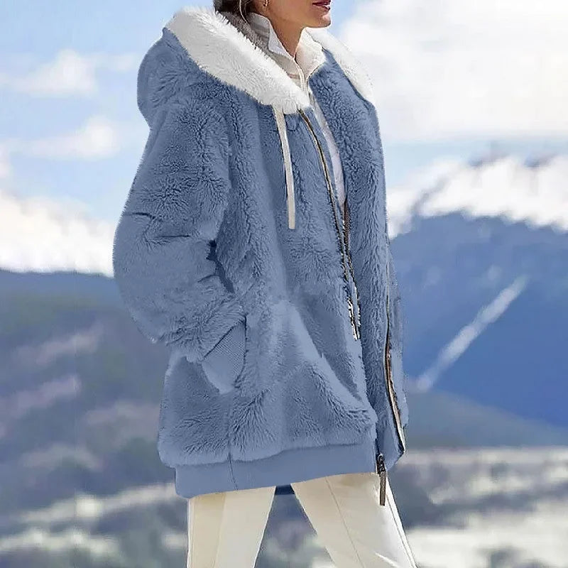 Autumn Winter Casual Hooded Zipper Cashmere Jacket