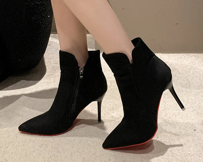 Red Heels Zip Warm Black Ankle Boots