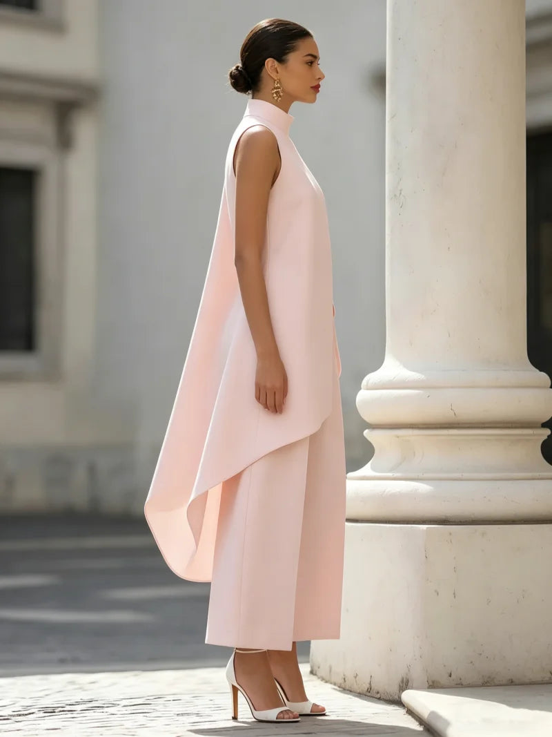 Sleeveless High Neck Jumpsuit With Asymmetric Draped Overlay Wide Leg