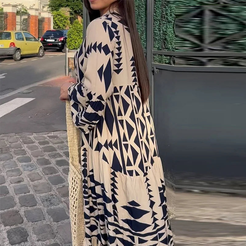 Vestido largo de manga larga con cuello en V y cintura alta