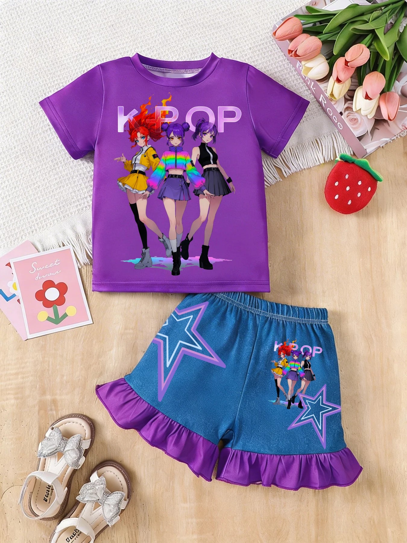 K-POP Anime Print Outfit Short Sleeve T-Shirt  Set
