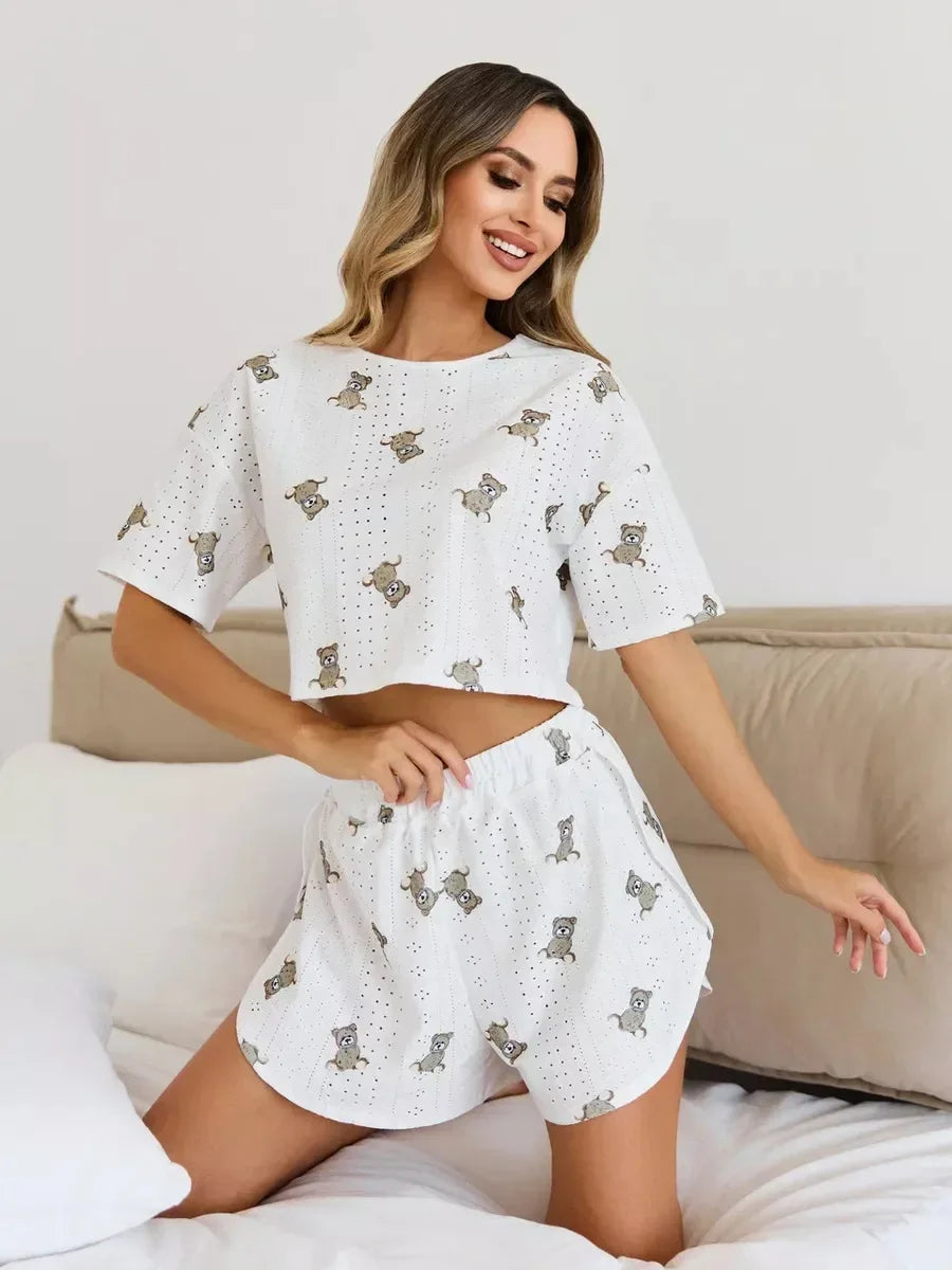 Short Sleeve Shorts Jacquard Print Pajamas Set