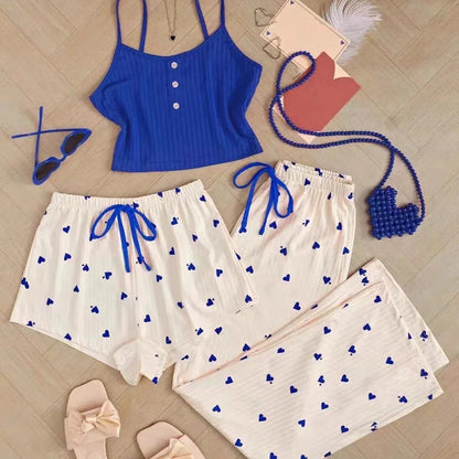 Casual Heart-Shaped Printed Vest and Shorts and Pants Paired with Ribbed Sleepwear Set