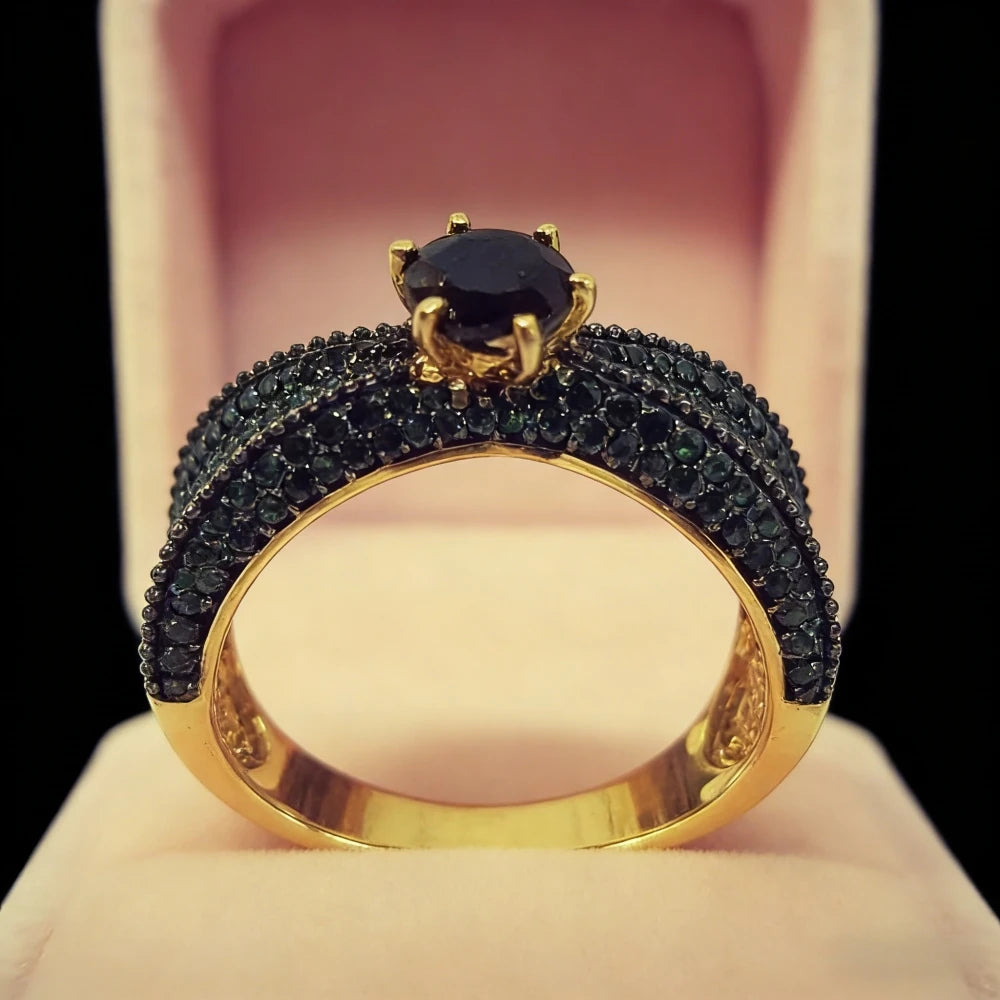 Luxury Gold Plated Black Stone Green Stone Engagement Ring Set