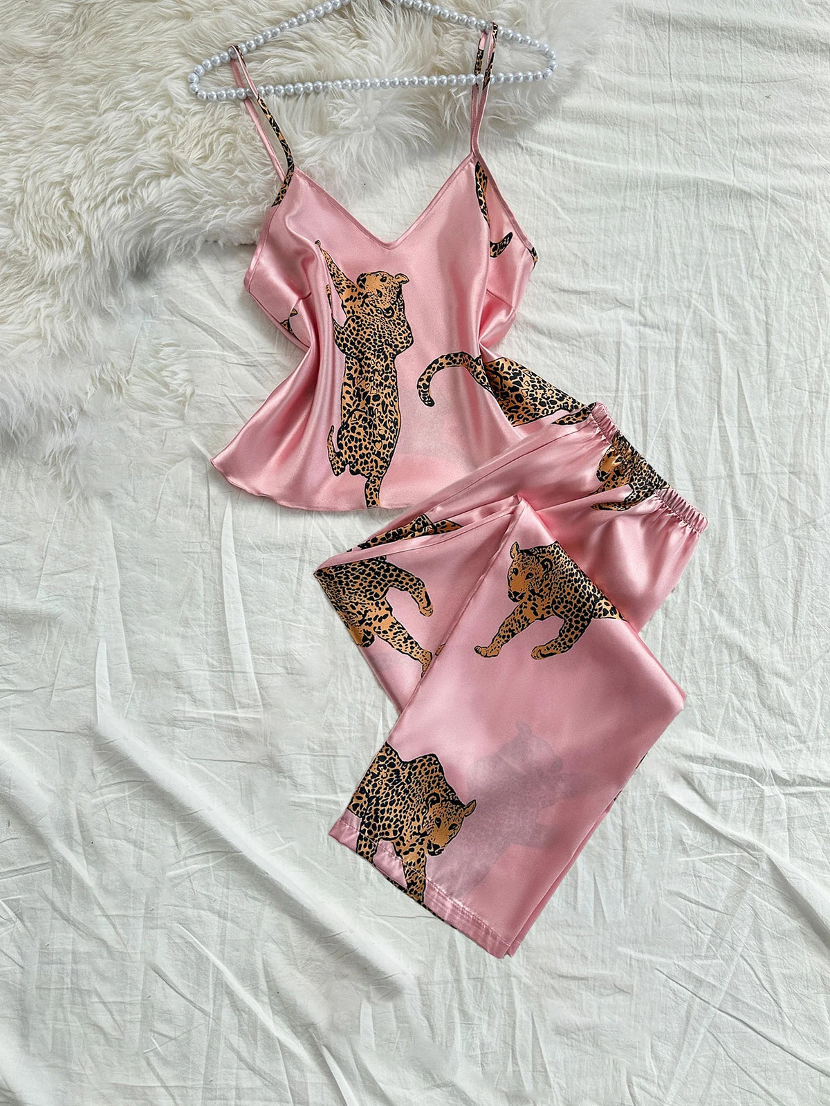 V Neck Leopard Print Suspender Long Pants Pajama Set