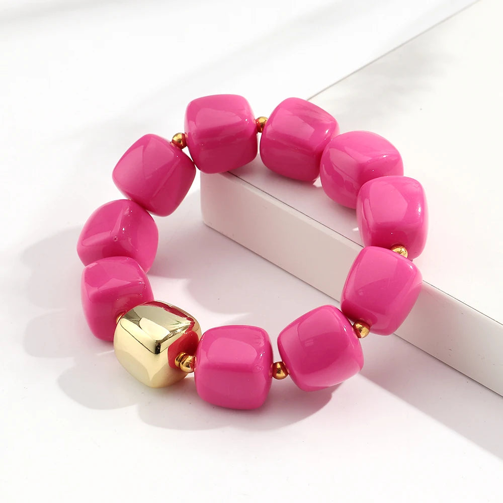 Pink Square Breaded Elastic Resin Geometric Beads Stretch Cuff Bangle Bracelets