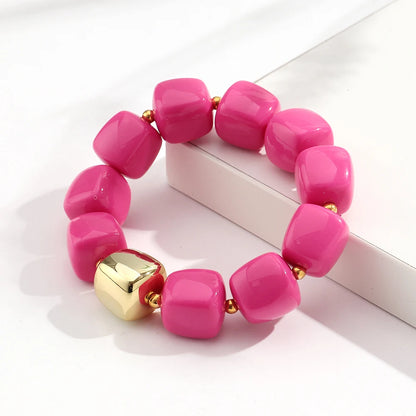 Pink Square Breaded Elastic Resin Geometric Beads Stretch Cuff Bangle Bracelets
