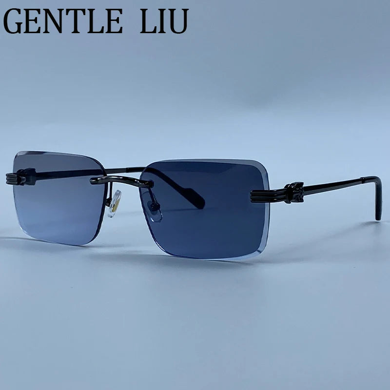 Rectangle Rimless Punk Luxury Metal Frame Sun Glasses