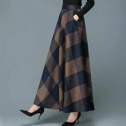 Plaid Wool High Waist Long Midi Plus Size Autumn Winter Skirt