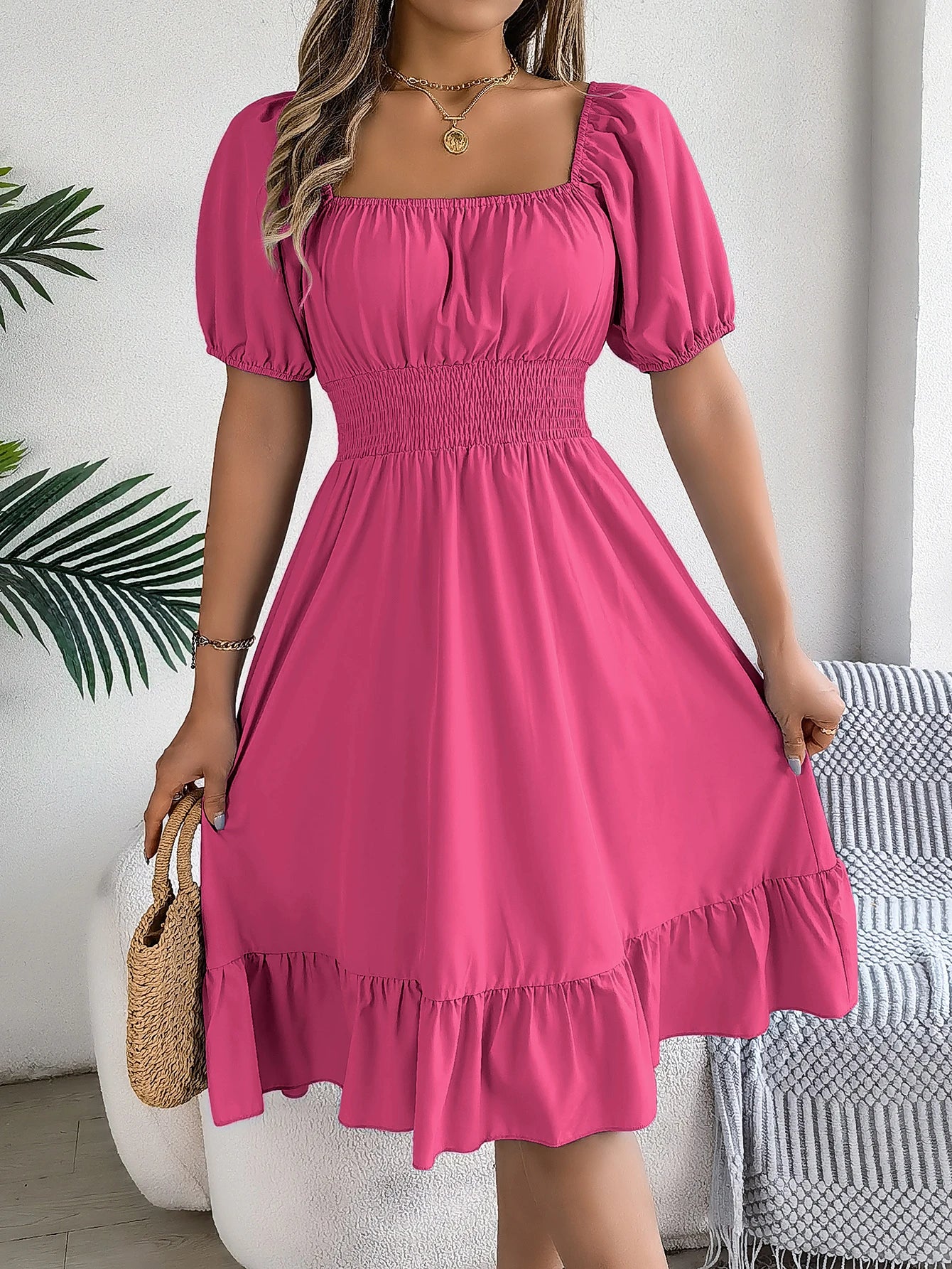 Puff Sleeve Square Neck Dress