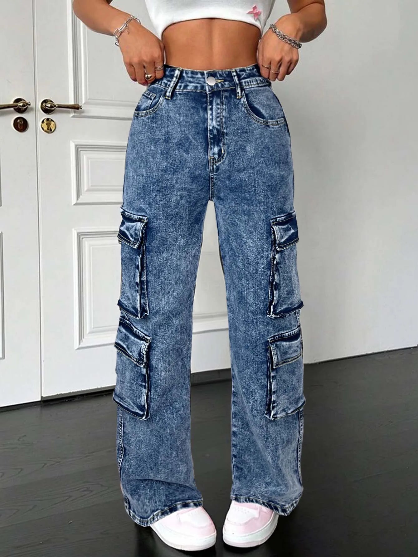 Street Multi Flap Pockets Tape Elastic Waist Straight Leg Cargo Jeans