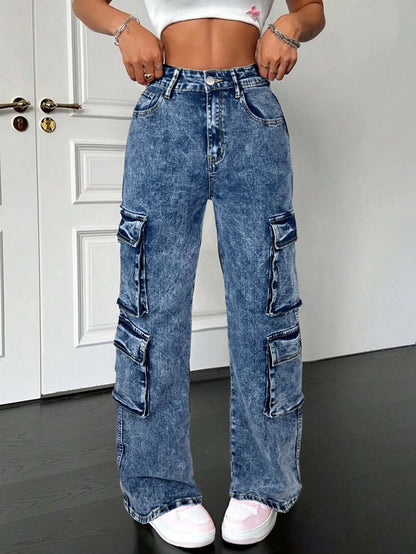 Street Multi Flap Pockets Tape Elastic Waist Straight Leg Cargo Jeans
