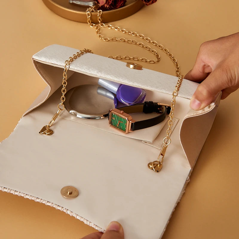 Satin clutch Small square Metal chain shoulder bag