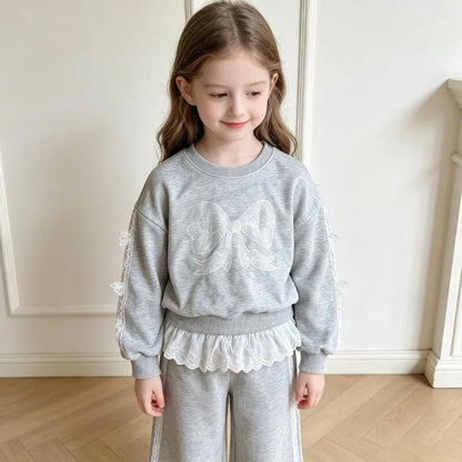 Autumn Bow Sweatshirt+Lace Patchwork Pants Set