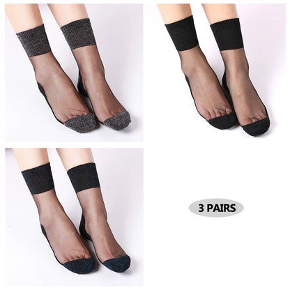 3 Pairs Ultrathin Transparent Glitter Crystal Glass Silk Socks