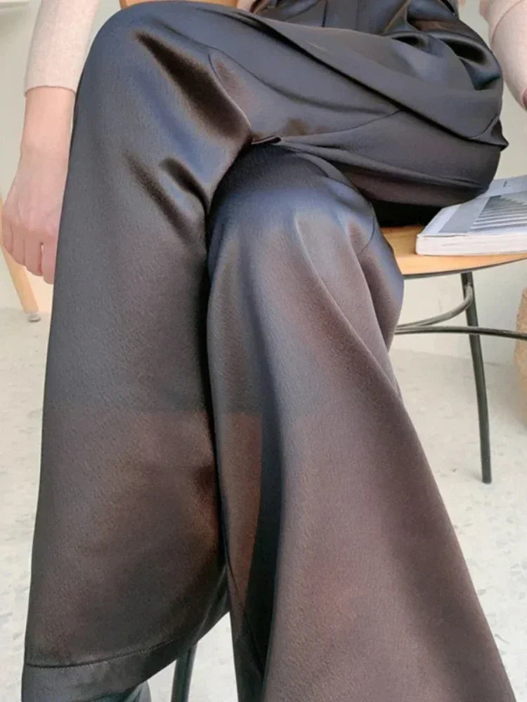 High Waist Wide Leg Fit Classic Black Silk Satin Korean Style Pants