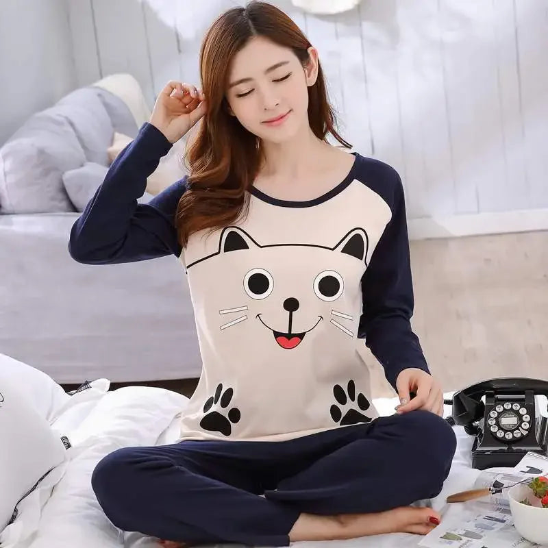 Round Neck Girls Bear Teacup Cat Full Sleepwear lovers Pajama Set