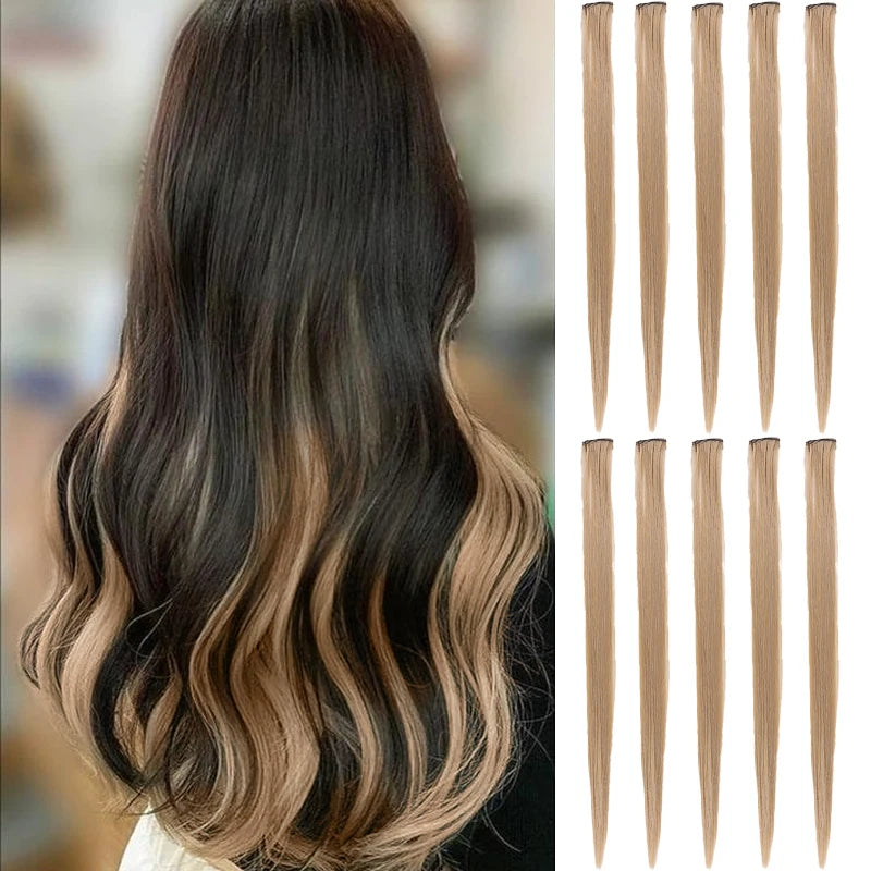 10Pcs Pink Clip in Hair Extensions Party Highlights Wig Synthetic Colored Straight Hairpiece