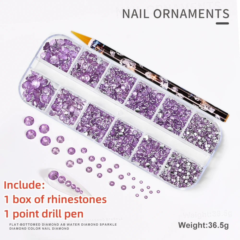 12Gird 3D Glass AB Crystal Nail Art Rhinestones Kit